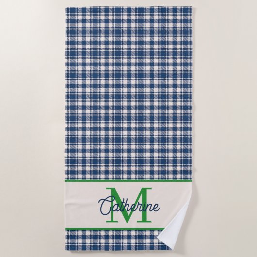 Blue and Green Gingham Plaid Tartan Monogram ビーチタオル (正面)