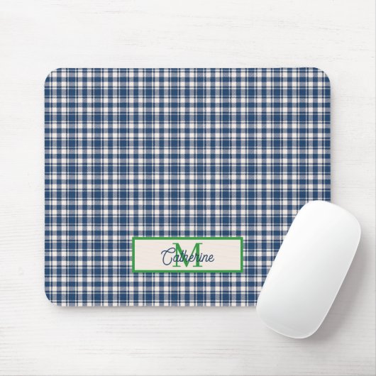 Blue and Green Gingham Plaid Tartan Monogram マウスパッド (マウス)