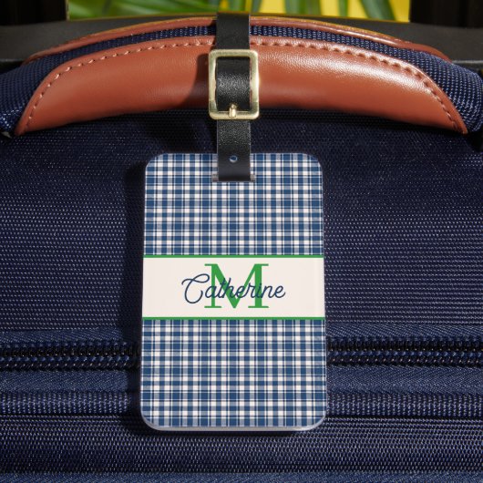 Blue and Green Gingham Plaid Tartan Monogram ラゲッジタグ (正面インサイチュ2)
