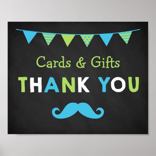 Blue and Green Mustache Chalkboard Baby Shower ポスター (正面)