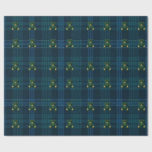 Blue and Green Plaid Teddy Bear Wrapping Paper ラッピングペーパー (フラット)