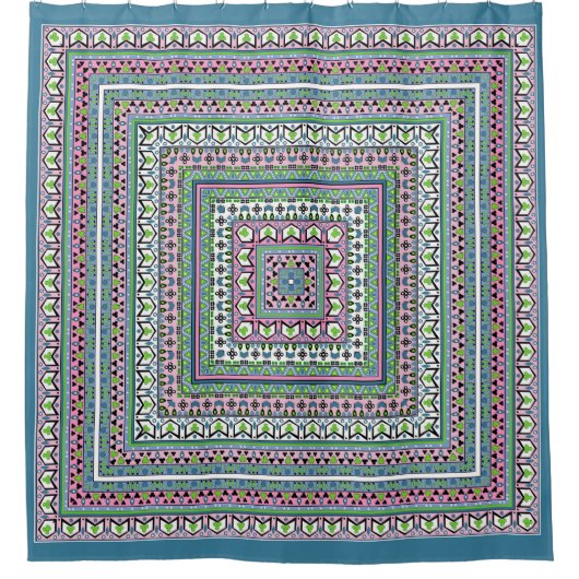 Blue and green square ethnic ornament scarf シャワーカーテン (正面)