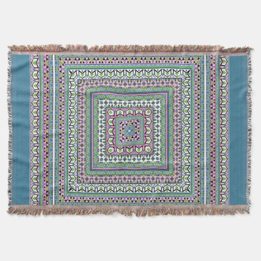 Blue and green square ethnic ornament scarf スローブランケット (正面)