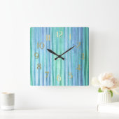 Blue and Green Stripes スクエア壁時計 (ホーム)