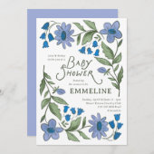 Blue and Green Sweet Country Floral Baby Shower 招待状 (正面/裏面)