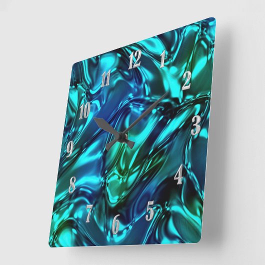 Blue and Green Wavy Metallic Look スクエア壁時計 (傾斜)