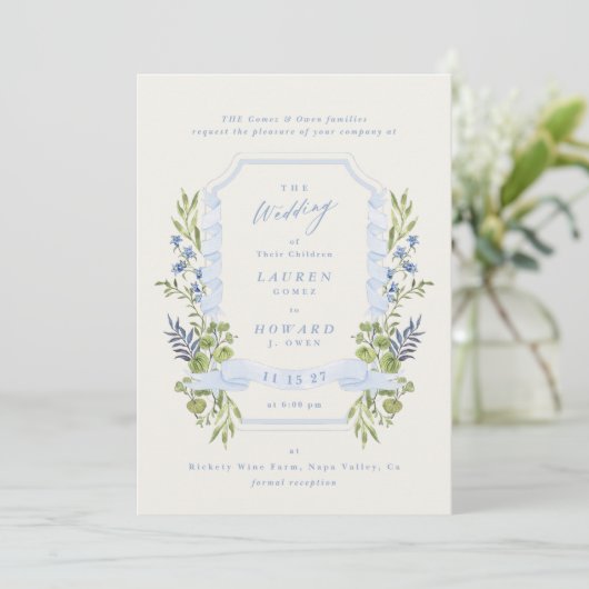 blue and greenery all in one RSVP DETAILS wedding 招待状 (スタンド正面)