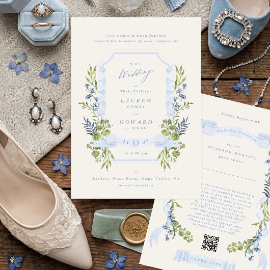 blue and greenery all in one RSVP DETAILS wedding 招待状