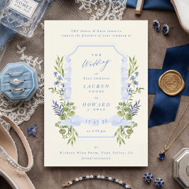 blue and greenery garden crest wreath wedding 招待状