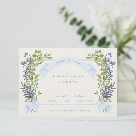 blue and greenery garden crest wreath wedding rsvp 招待状 (スタンド正面)