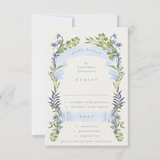 blue and greenery spring elegant wedding 出欠カード (正面)