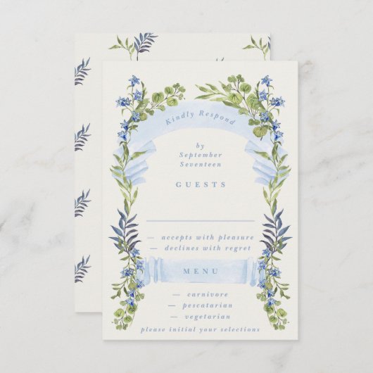 blue and greenery spring elegant wedding 出欠カード (正面/裏面)