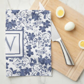 Blue and Grey Floral Monogram キッチンタオル (四つ折り)