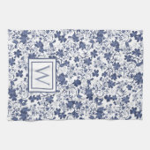 Blue and Grey Floral Monogram キッチンタオル (横)