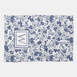Blue and Grey Floral Monogram キッチンタオル