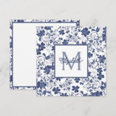Blue and Grey Floral Monogram ノートカード (正面/裏面)