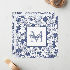 Blue and Grey Floral Monogram ノートカード
