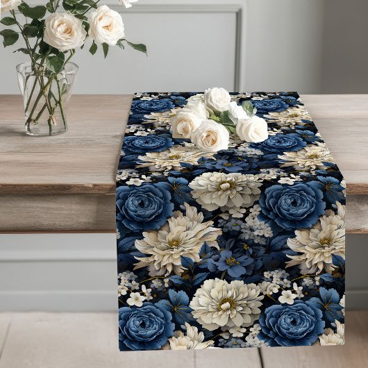 Blue and Ivory Floral Modern Table Runner ロングテーブルランナー