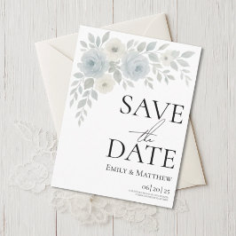 Blue and Ivory Floral Save The Date 案内ポストカード