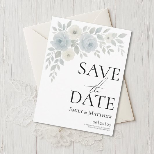 Blue and Ivory Floral Save The Date 案内ポストカード