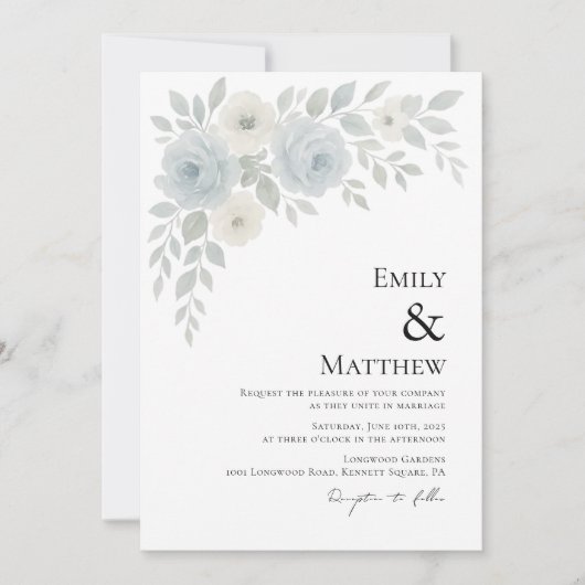 Blue and Ivory Floral Wedding Invitation 招待状 (正面)