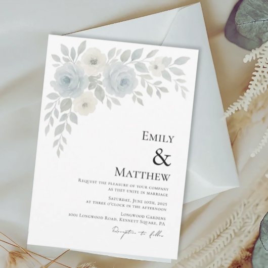 Blue and Ivory Floral Wedding Invitation 招待状