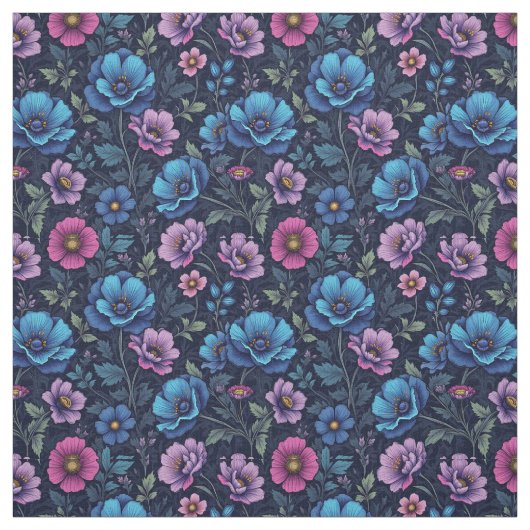 Blue and Mauve Flowers ファブリック (見本)
