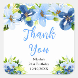 Blue and Navy Flowers Birthday Thank You スクエアシール