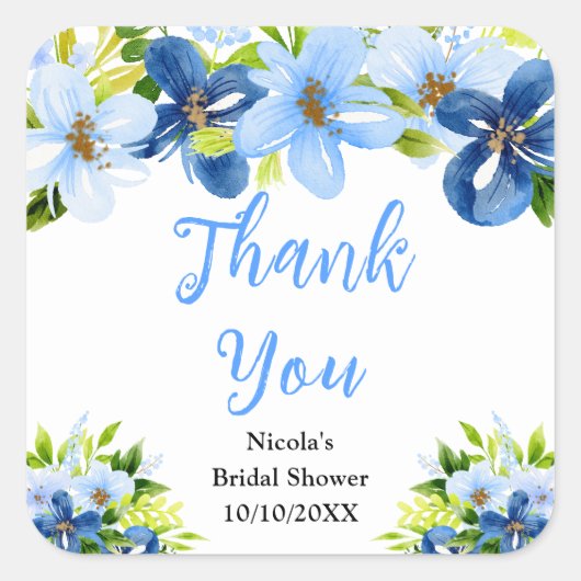 Blue and Navy Flowers Bridal Shower Thank You スクエアシール (正面)