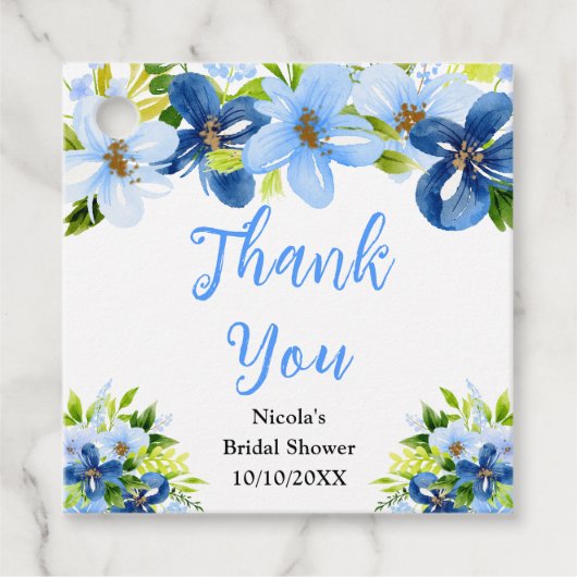 Blue and Navy Flowers Bridal Shower Thank You フェイバータグ (正面)
