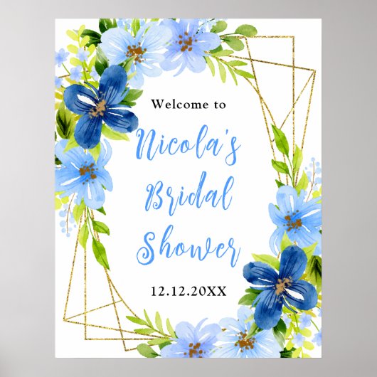 Blue and Navy Flowers Bridal Shower Welcome ポスター (正面)