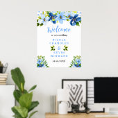 Blue and Navy Flowers Wedding Welcome Sign ポスター (ホームオフィス)