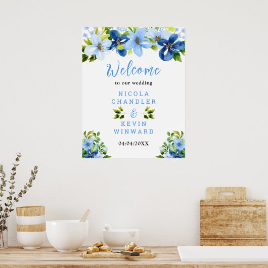 Blue and Navy Flowers Wedding Welcome Sign ポスター (キッチン)