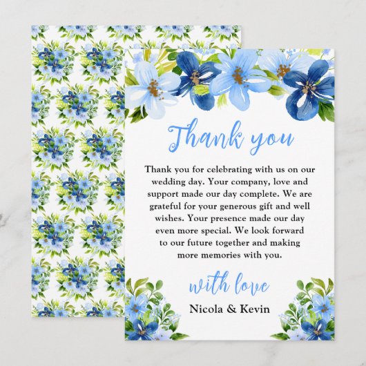 Blue and Navy Flowers with Foliage  サンキューカード (正面/裏面)