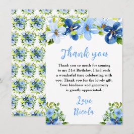 Blue and Navy Flowers with Foliage Birthday サンキューカード