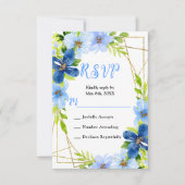 Blue and Navy Flowers with Foliage Wedding 出欠カード (正面)