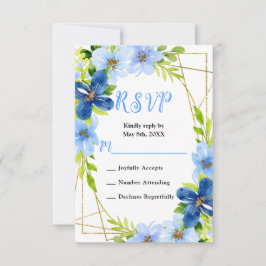 Blue and Navy Flowers with Foliage Wedding 出欠カード