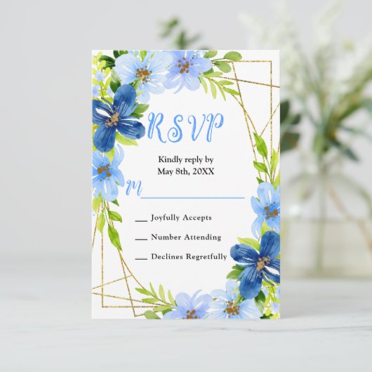 Blue and Navy Flowers with Foliage Wedding 出欠カード (スタンド正面)