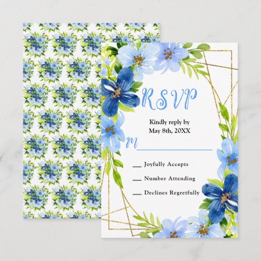 Blue and Navy Flowers with Foliage Wedding 出欠カード (正面/裏面)