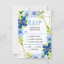 Blue and Navy Flowers with Foliage Wedding 出欠カード