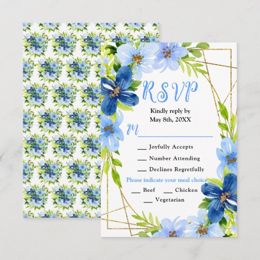 Blue and Navy Flowers with Foliage Wedding 出欠カード (正面/裏面)