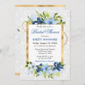 Blue and Navy Summer Flowers Gold Bridal Shower 招待状 (正面/裏面)