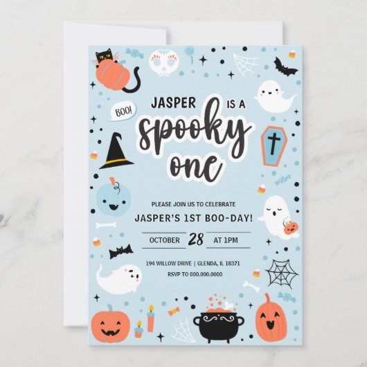 Blue and Orange Halloween 1st Birthday Invitation  招待状 (正面)
