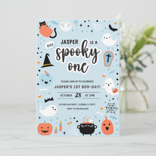 Blue and Orange Halloween 1st Birthday Invitation  招待状 (スタンド正面)