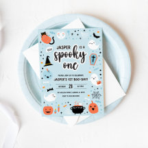 Blue and Orange Halloween 1st Birthday Invitation 