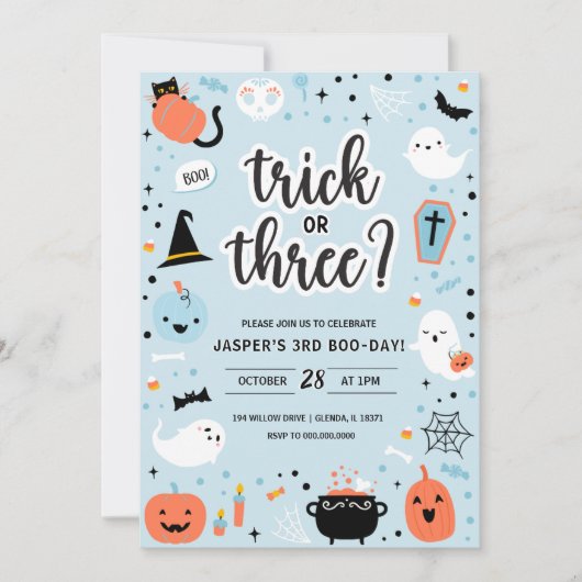 Blue and Orange Halloween 3rd Birthday Invitation  招待状 (正面)