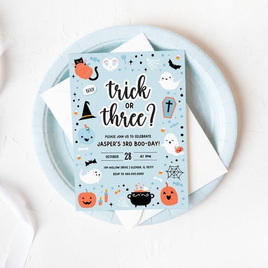 Blue and Orange Halloween 3rd Birthday Invitation  招待状