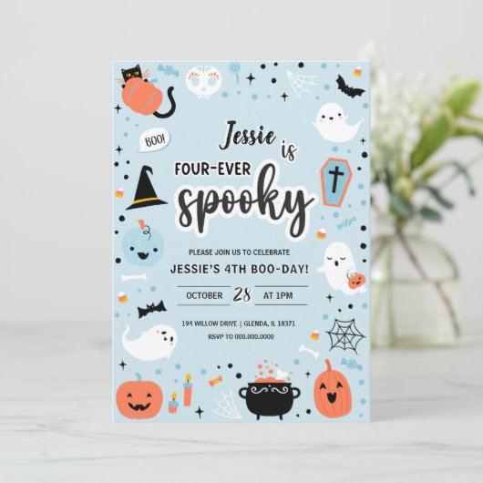 Blue and Orange Halloween 4th Birthday Invitation  招待状 (スタンド正面)