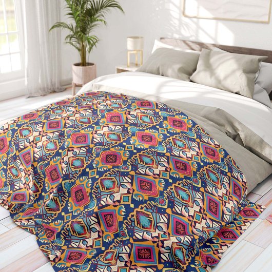 Blue and Pink Bohemian Tribal フリースブランケット