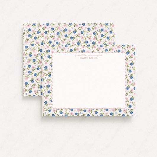 Blue and Pink Floral Hand Drawn Scallop note card 招待状
